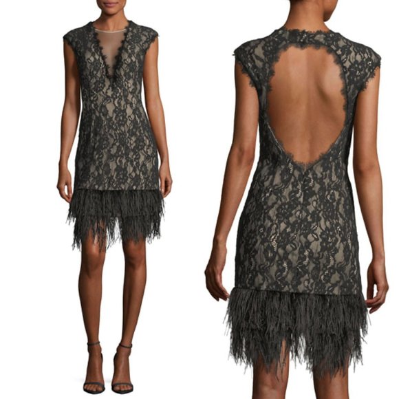 Aidan Mattox Dresses & Skirts - Aidan by Aidan Mattox V-Neck Cap-Sleeve Lace Cocktail Dress w/ Feather Hem